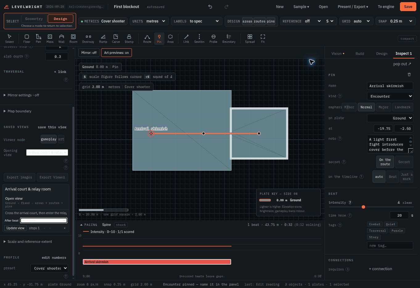 Saved views are on the left; the opening view and its caption explain how to read this blockout.