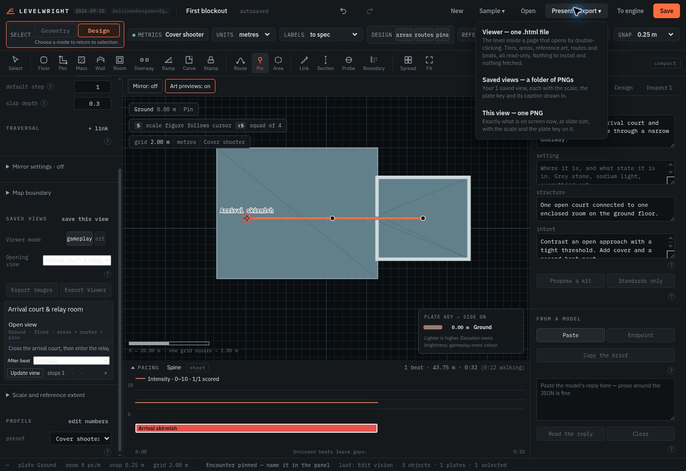 Present / Export offers an interactive Viewer, saved-view images, or a single image of the current view.