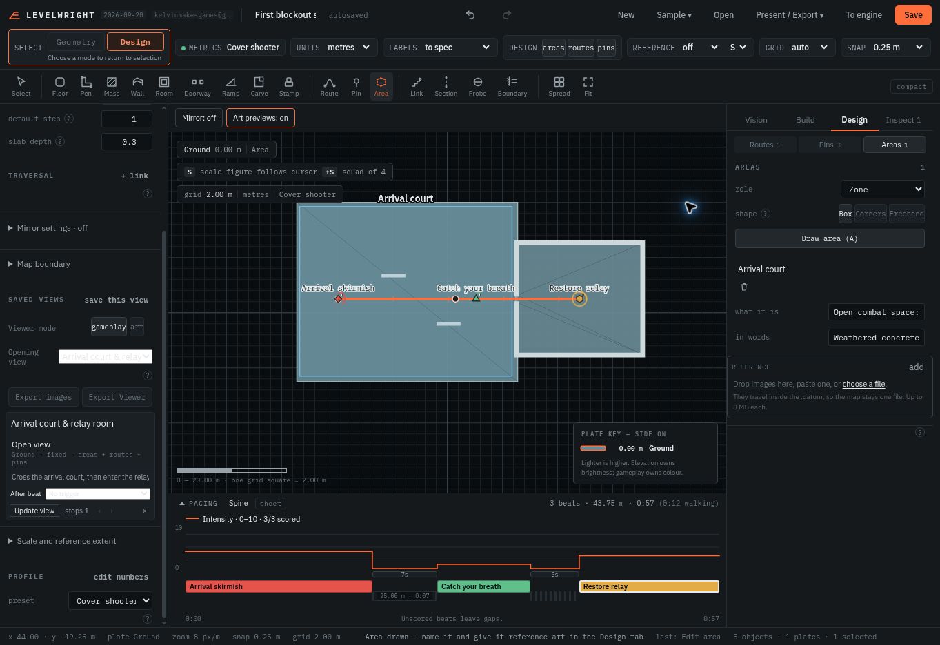 An Arrival court area labels the space; the right panel separates gameplay description, visual description and references.