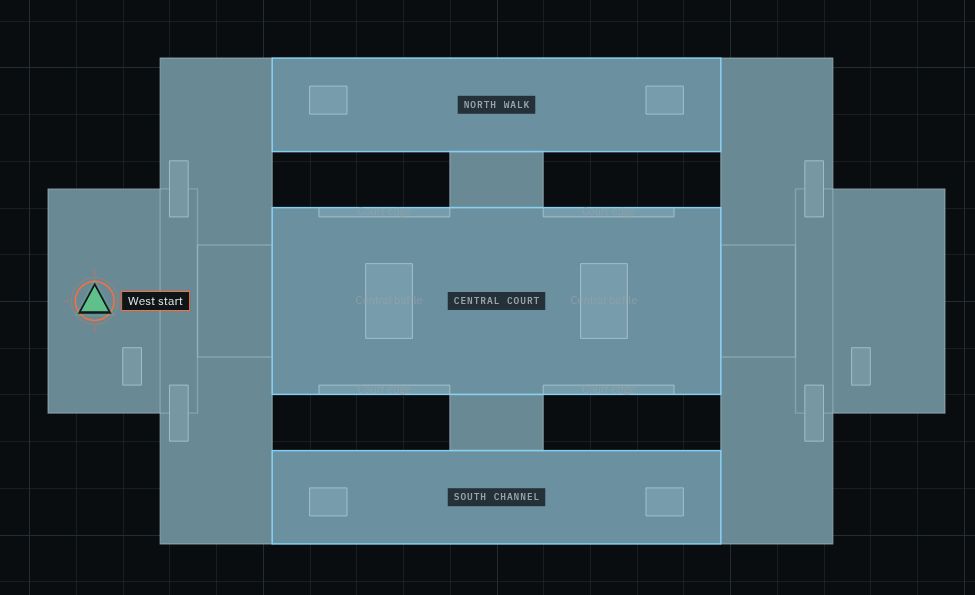 Crosscurrent’s north walk, central court and south channel shown as three distinct connected lanes.